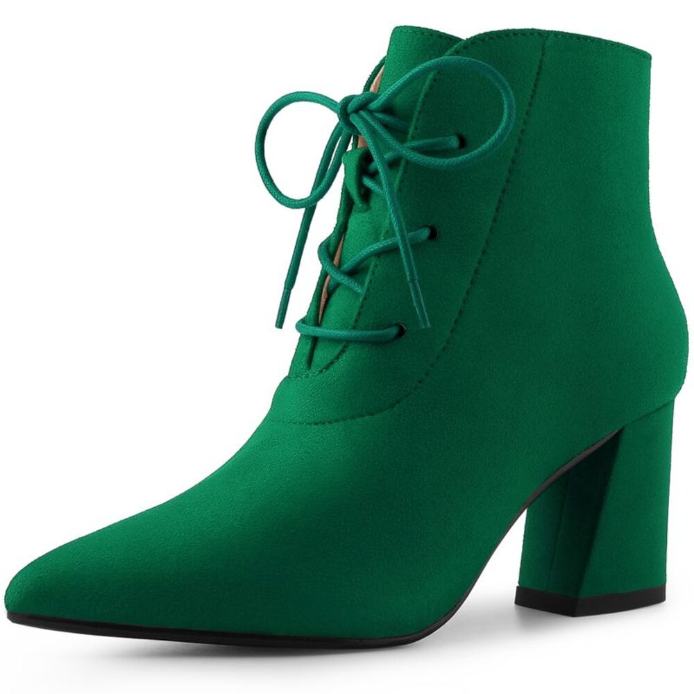 Pointed Toe Lace Up Block Heel Dark Green Ankle Boots for Women